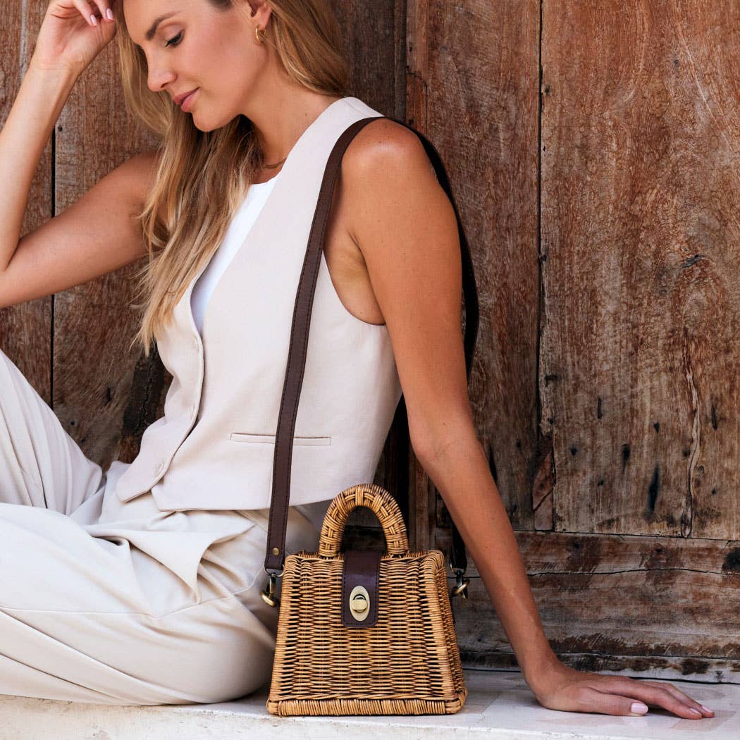 Rattan Petite Handbag with Detachable Crossbody Strap
