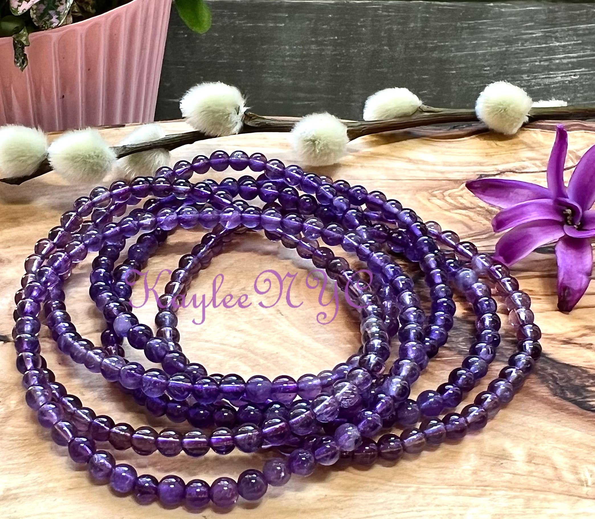 Natural Amethyst 4mm 7.5” Crystal Healing Stretch Bracelet