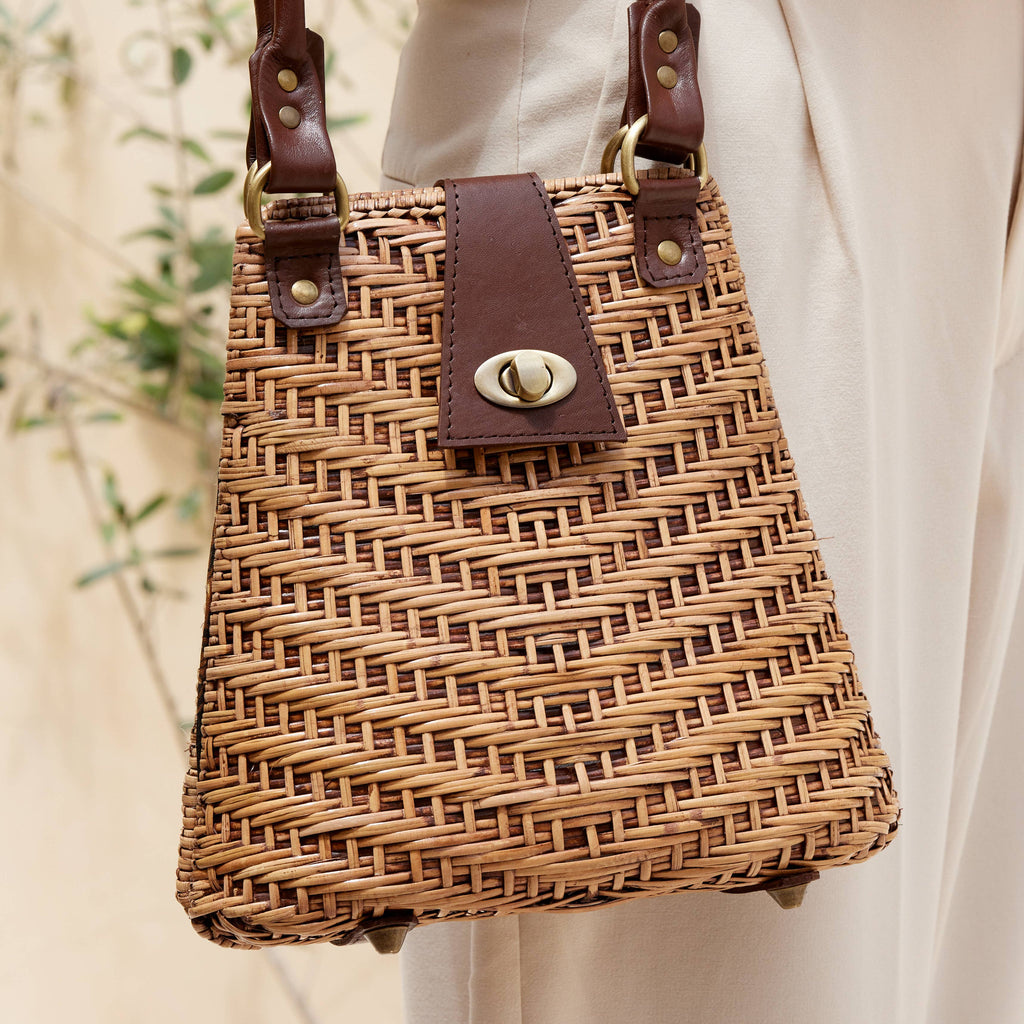Rattan Summer Resort Handbag with Leather Elbow Strap