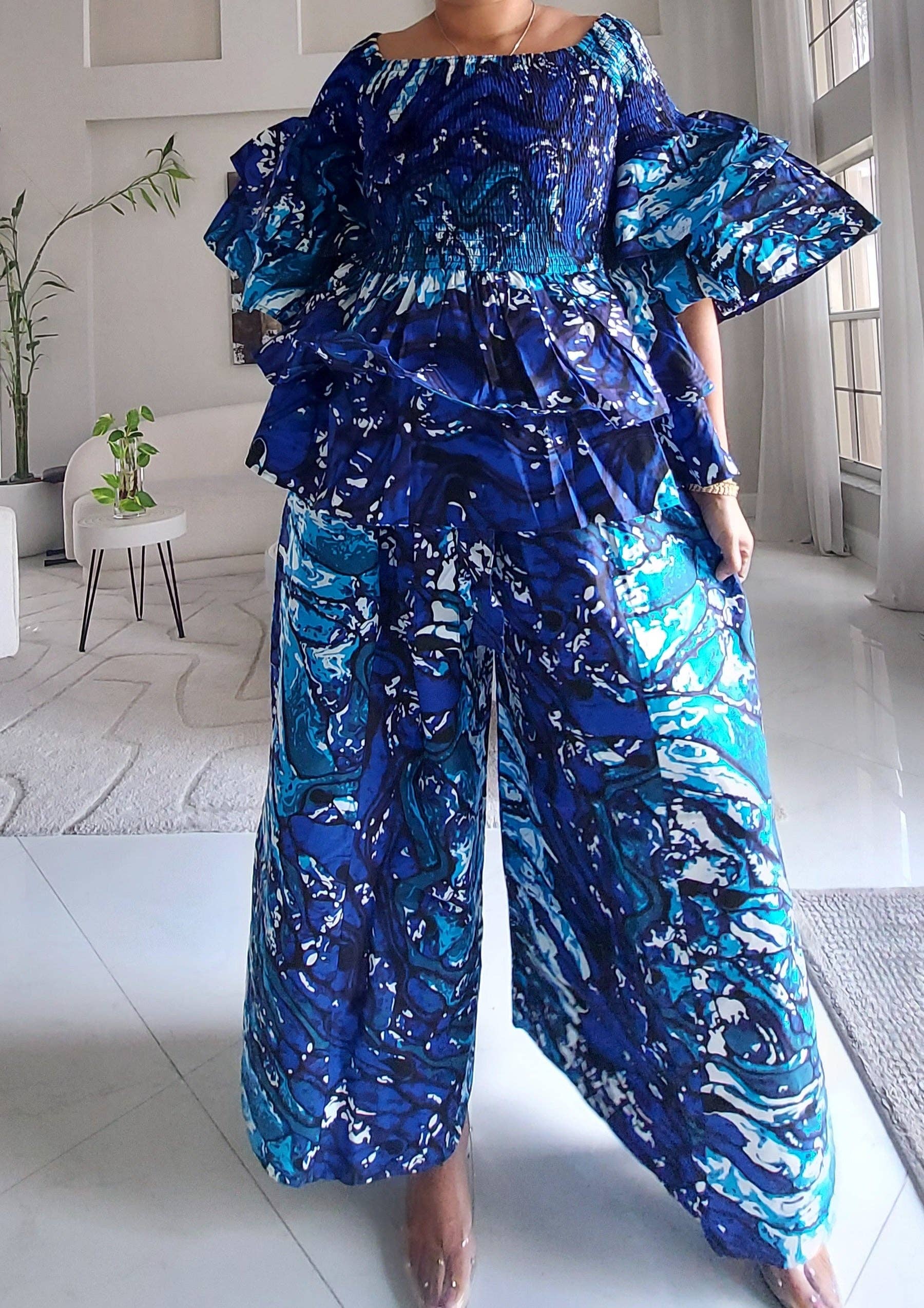 5-Piece African Ankara Pant Set - Blue Marble  019-PS14B