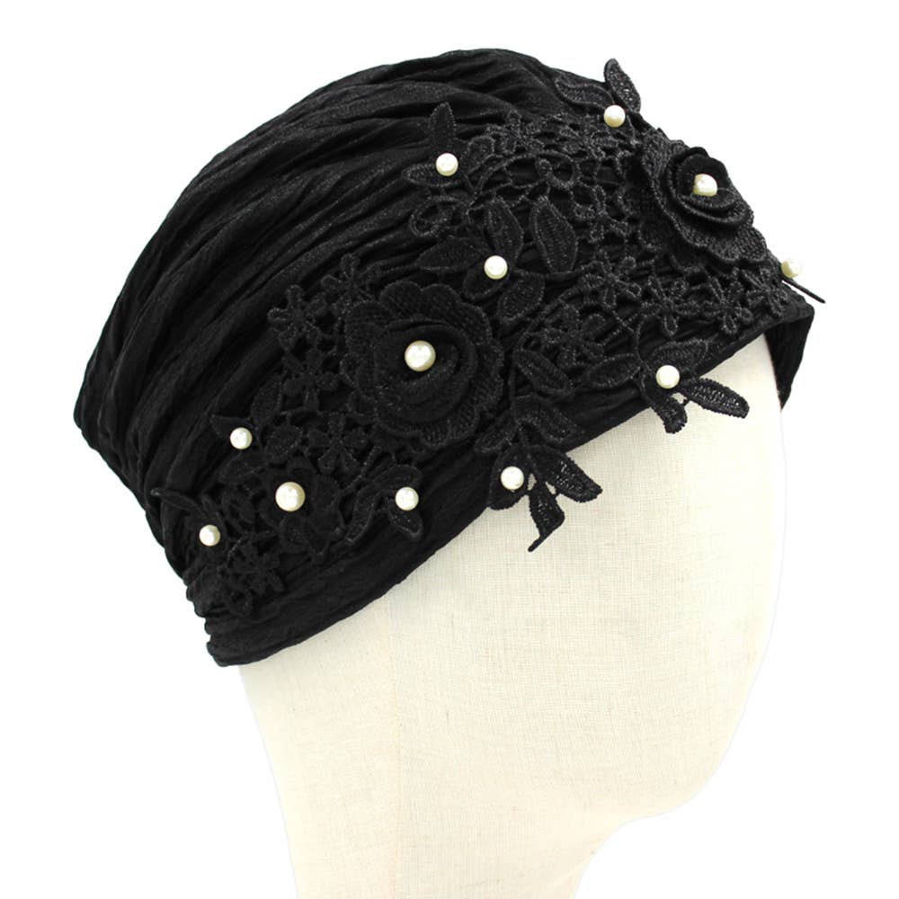 Floral Lace Pearl Embellished Turban Hair Wrap