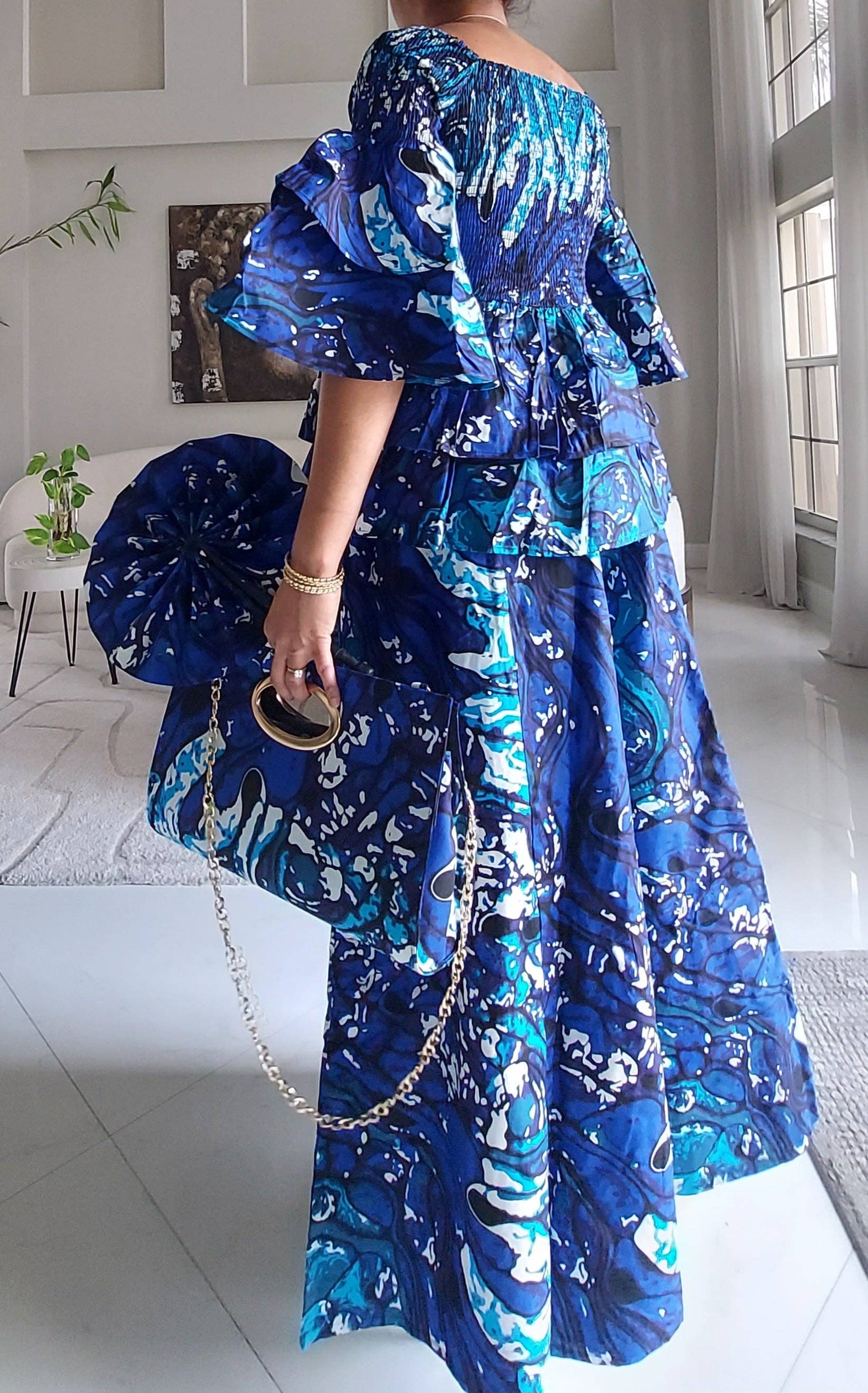 5-Piece African Ankara Pant Set - Blue Marble  019-PS14B