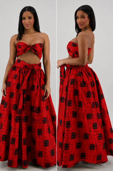 16317-291 100% Cotton African Print Maxi Skirt with Matching Head Wrap – Elastic Waist – Red & Black Tribal Print