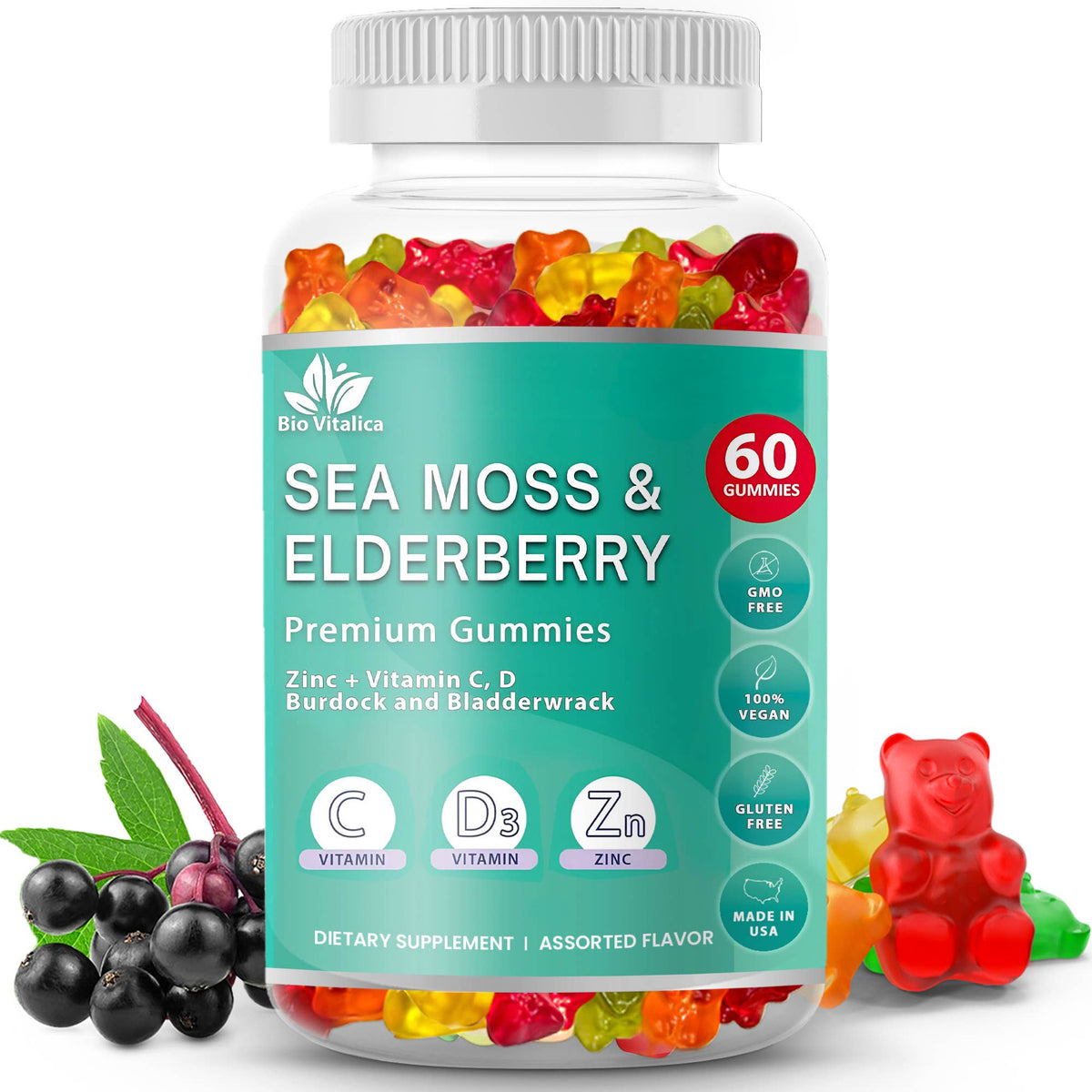Sea Moss Elderberry Gummies Vitamin C D + Zinc Bio Vitalica