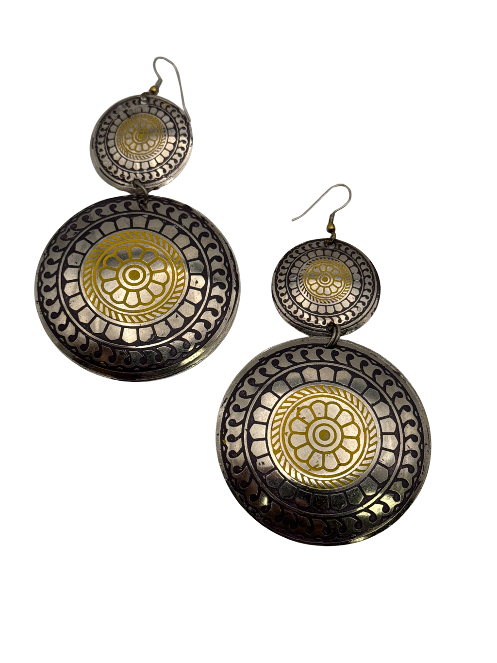 Large Bohemian Flower Print Embossed Brass Earrings