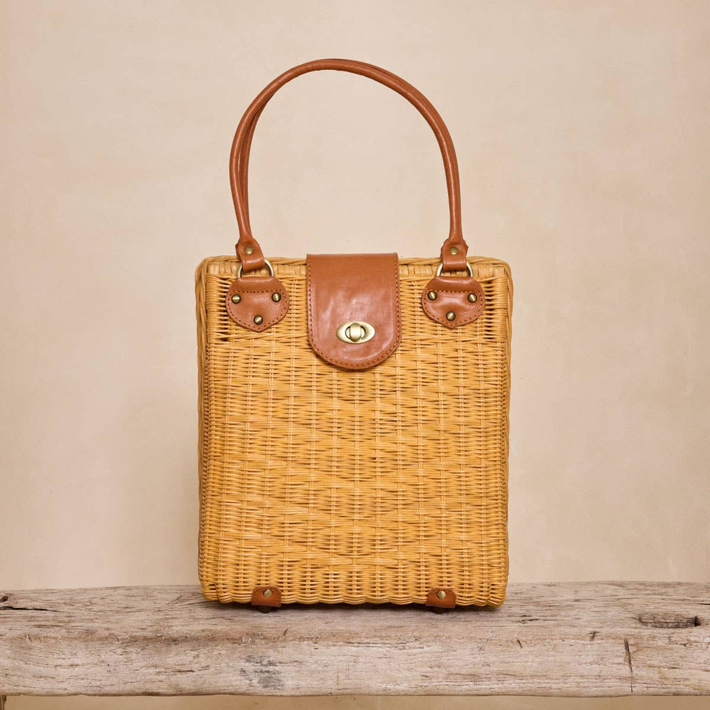 Large Rattan Handbag with Leather Flap Twist Closure