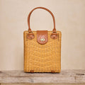 Large Rattan Handbag with Leather Flap Twist Closure