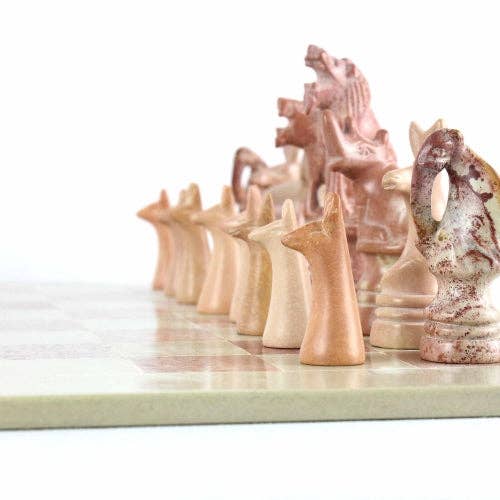 Soapstone Hand-Carved Chess Set  in Box  - Safari Animal Pieces