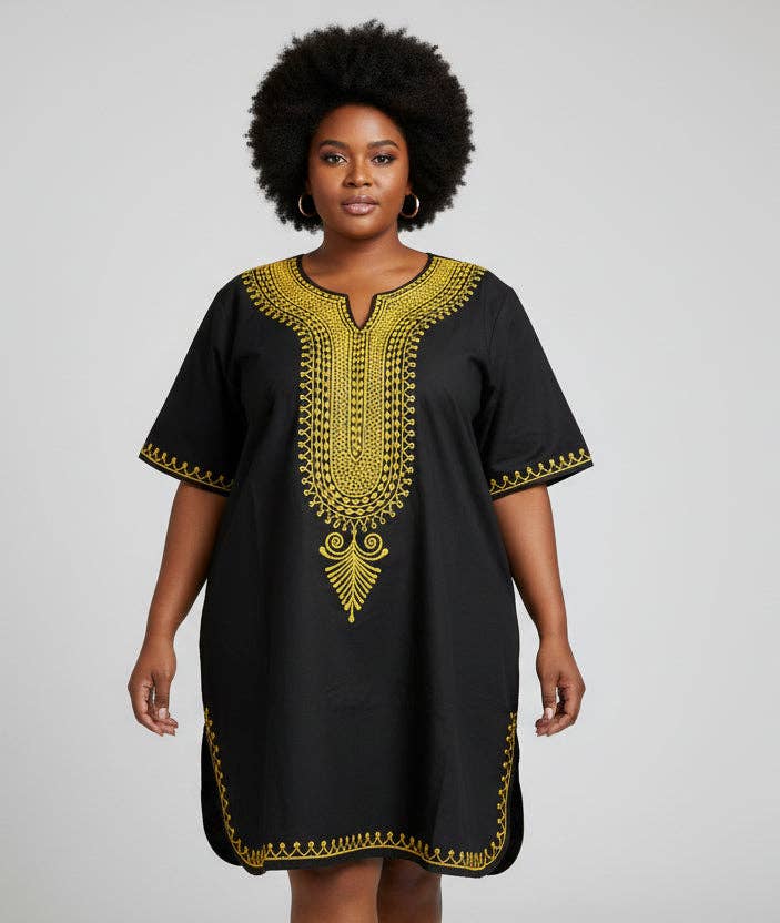 M031 Unisex kurta Embroidery Top  With Kufi Hat - Black