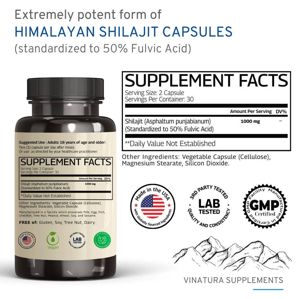 Shilajit Fulvic Acid 50% - 1000mg Pure Shilajit Capsules