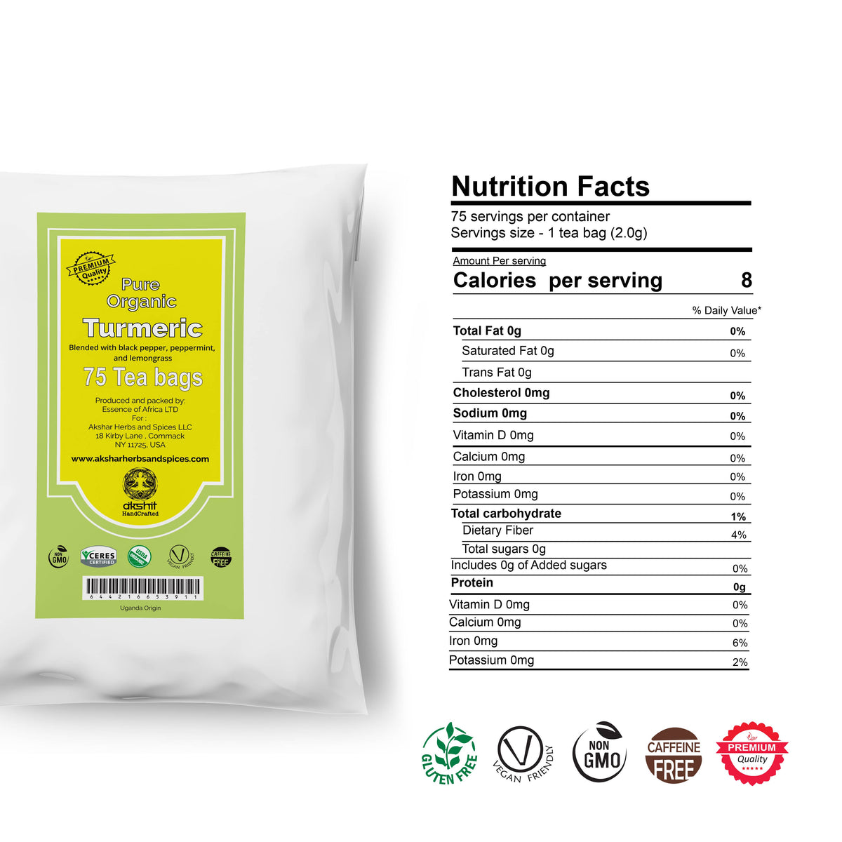 Turmeric Tea 75 Bags, Black Pepper Blend, Caffeine Free