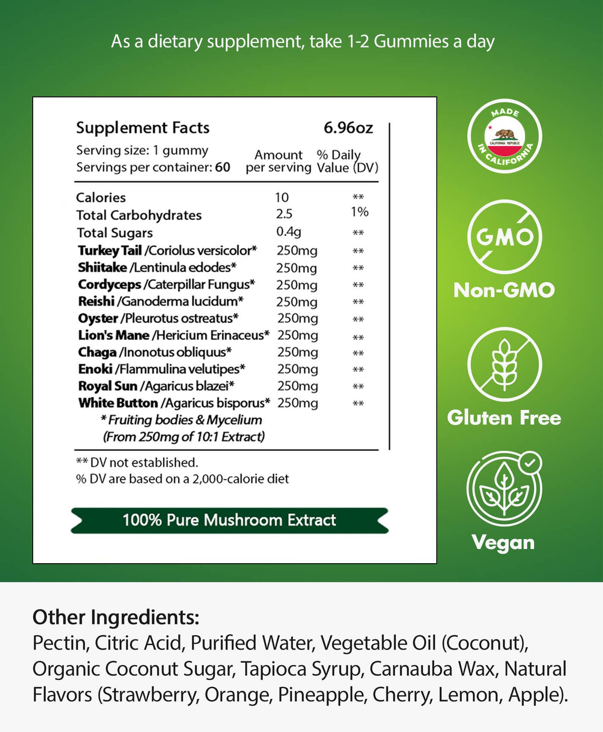 Mushroom Gummies - 10 Blend Lion's Mane Reishi Chaga Oyster