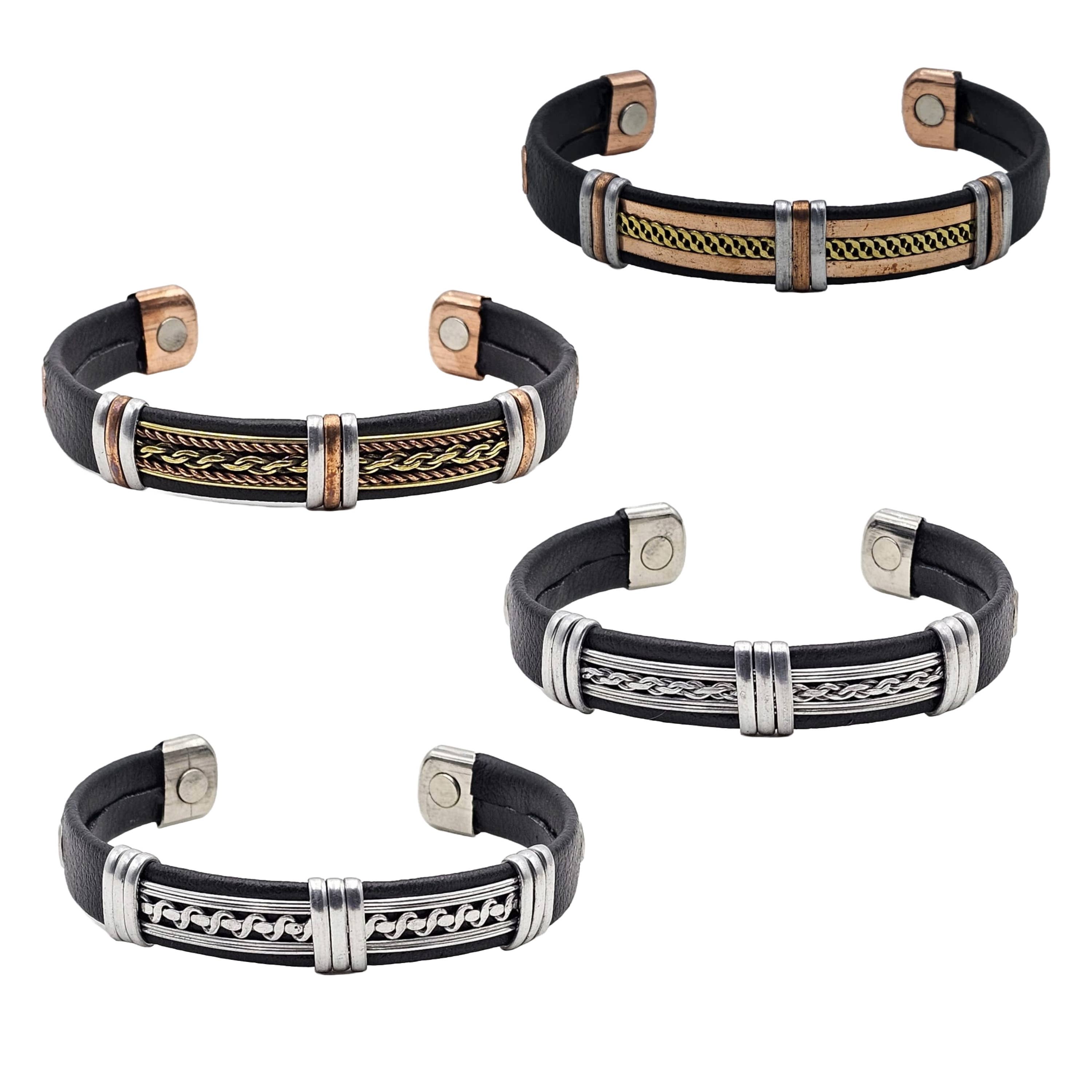 Solid Copper Faux Leather Wrapped Magnetic Bracelet Cuff