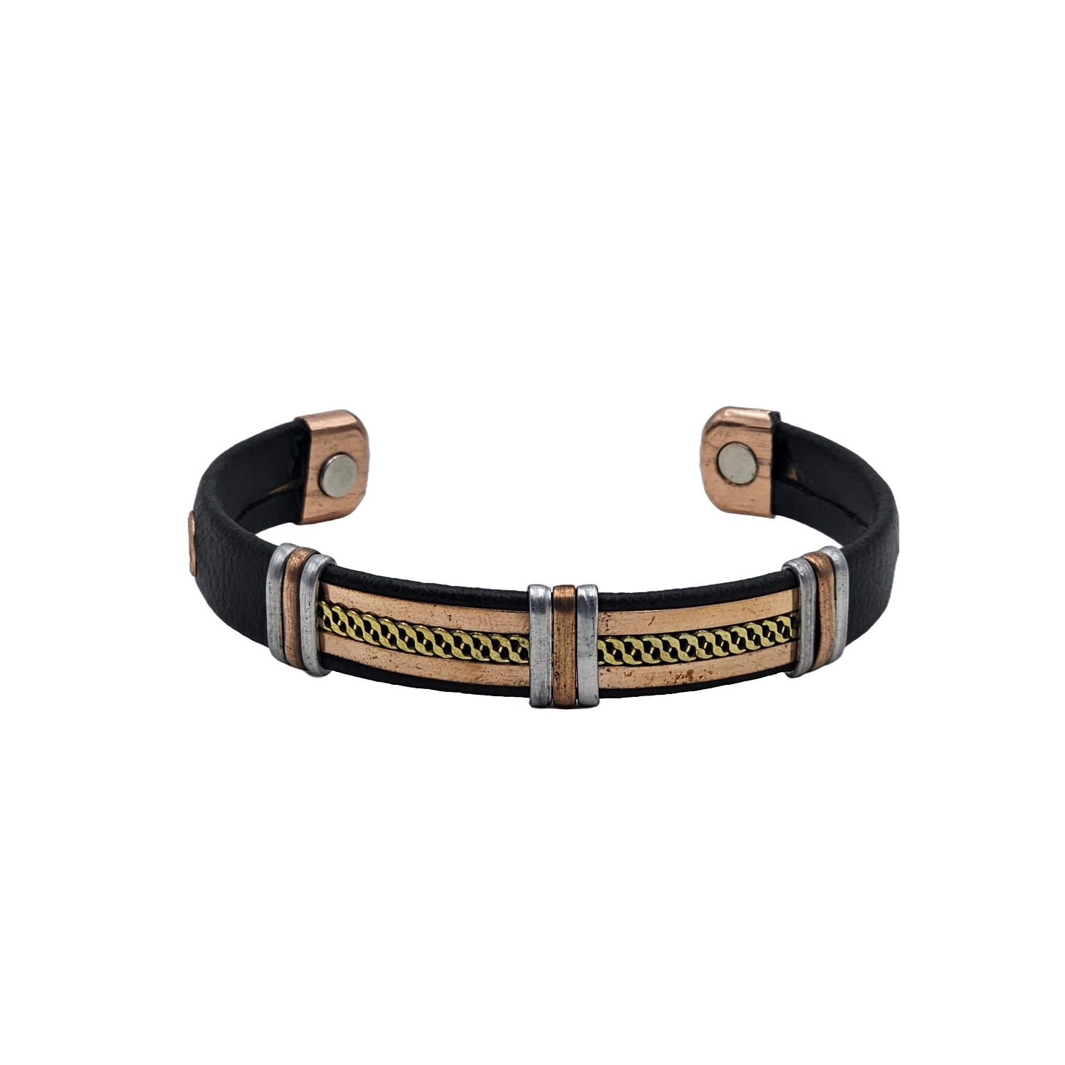 Solid Copper Faux Leather Wrapped Magnetic Bracelet Cuff